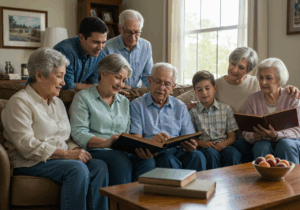 A group of older adults on a couch, reading "Navigating Grief: Support Resources for Families" together.