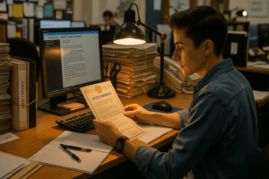 A man sitting at a desk with a laptop and papers, focused on verified reporting in death announcements.
