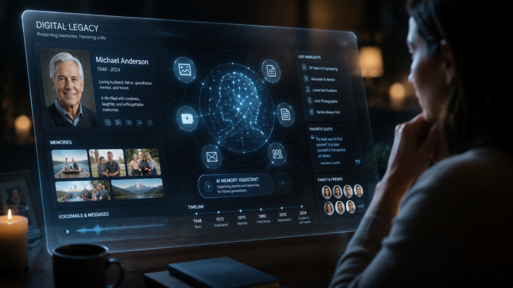 Artificial intelligence technology representing digital legacy and memory preservation after death