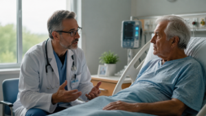Doctor discussing end-of-life care options with elderly patient in hospital room