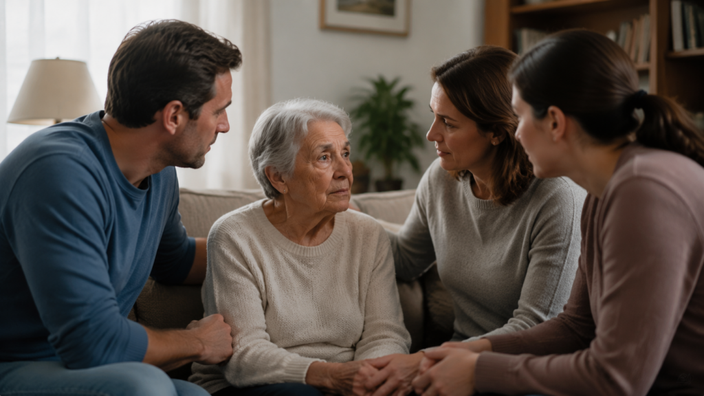 Family discussing compassionate end-of-life decisions with elderly relative