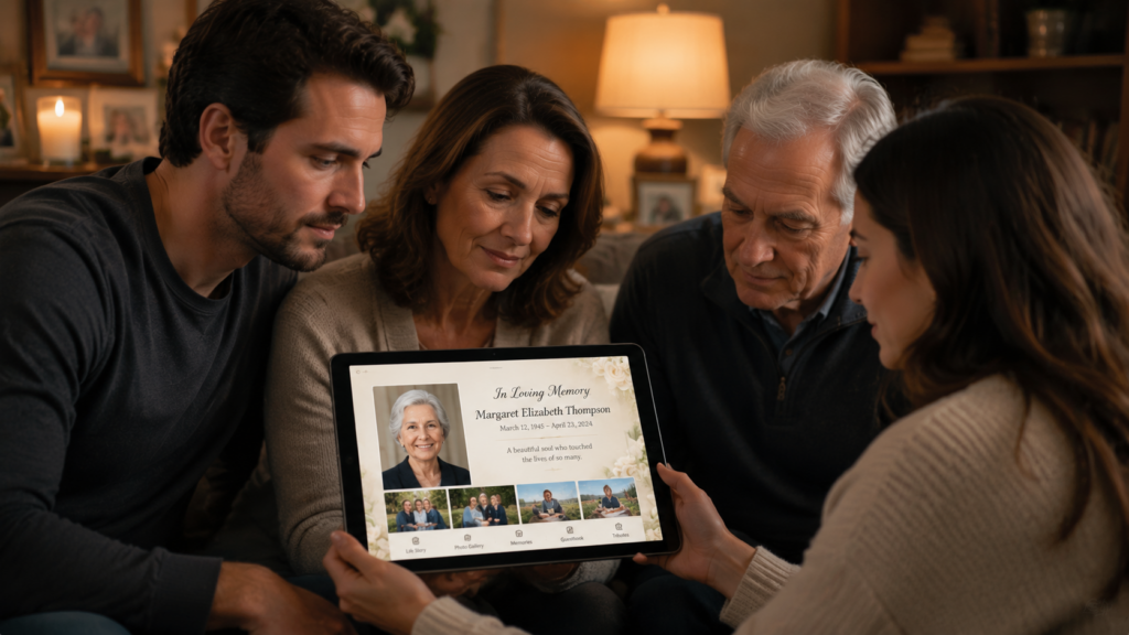 Family viewing digital memorial tribute for deceased loved one