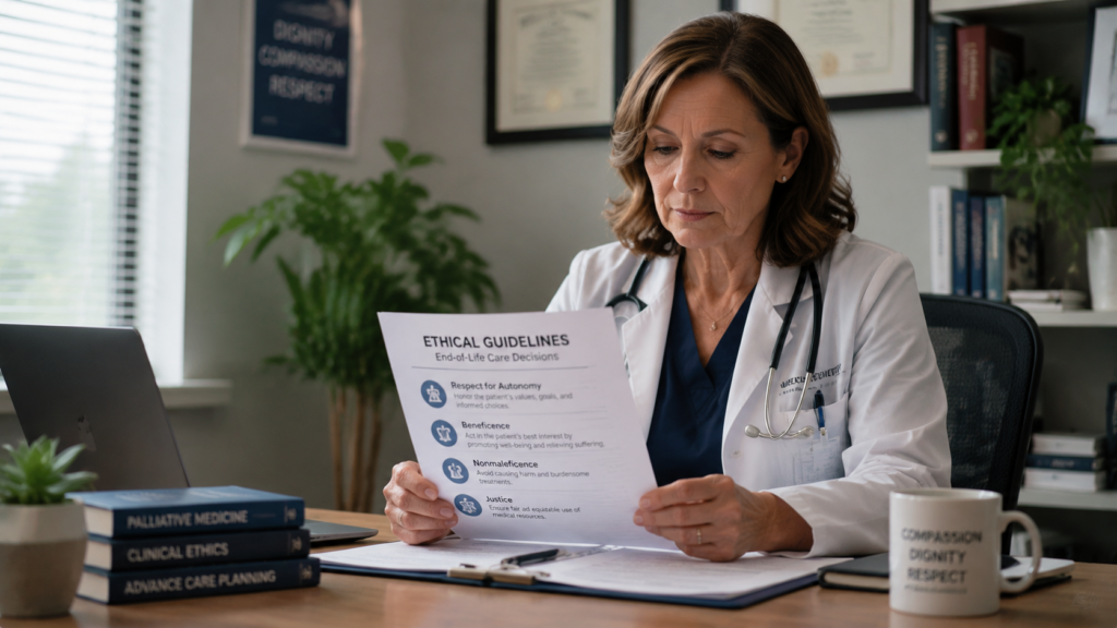 Healthcare professional reviewing ethical guidelines for end-of-life healthcare decisions