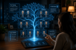 Holographic family tree representing digital legacy using AI