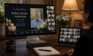 Virtual funeral memorial service on computer and tablet screens