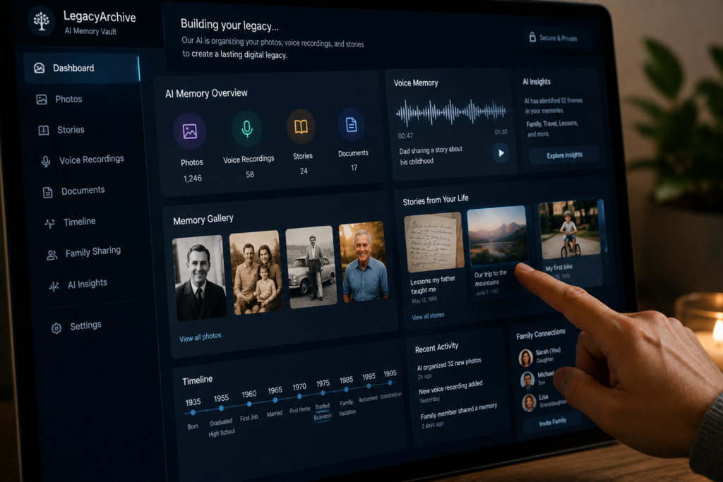 AI platform organizing photos voice recordings and memories for digital legacy preservation