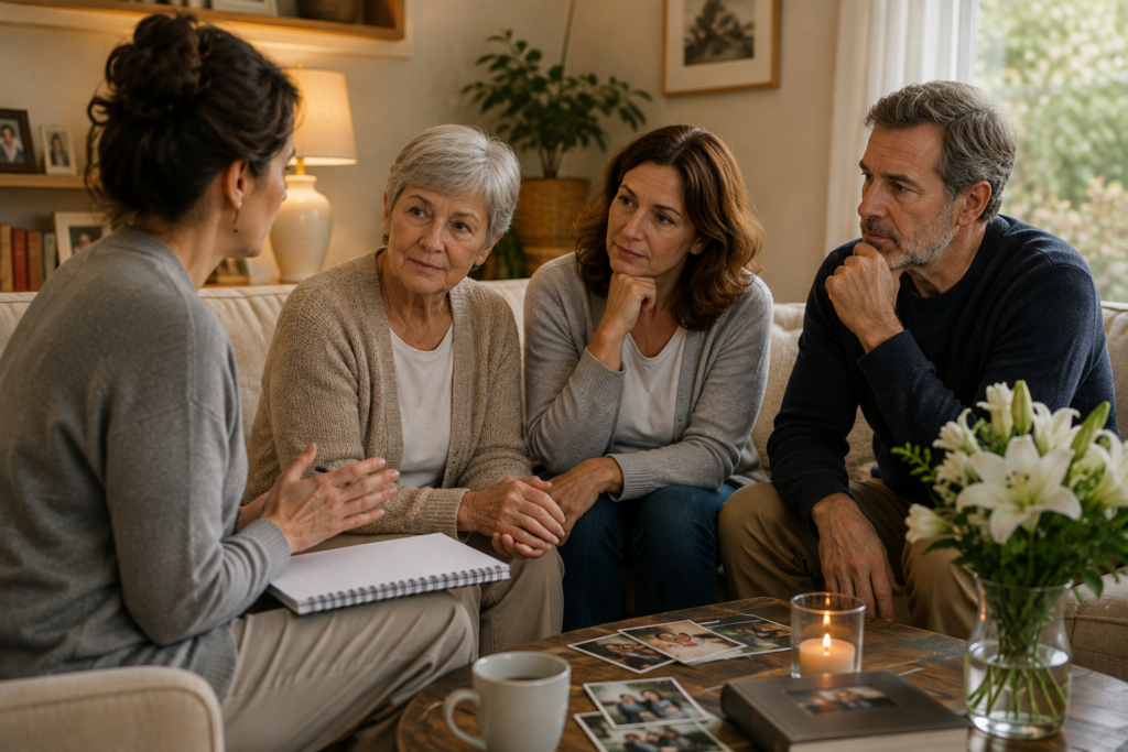 Death doula discussing grief support and final wishes with family members