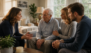 Death doula supporting elderly person and family during end-of-life care conversation
