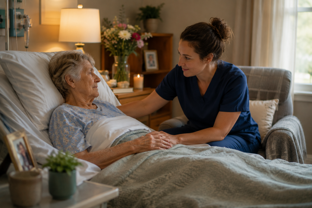 End-of-life caregiver providing emotional support to terminally ill patient