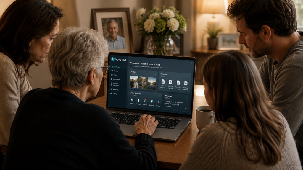 Family reviewing digital legacy vault containing photos documents and online accounts after death