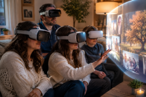 Family using virtual reality technology for immersive digital memorial experience