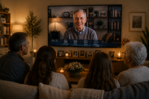 Family viewing AI recreation of deceased loved one through digital memorial technology