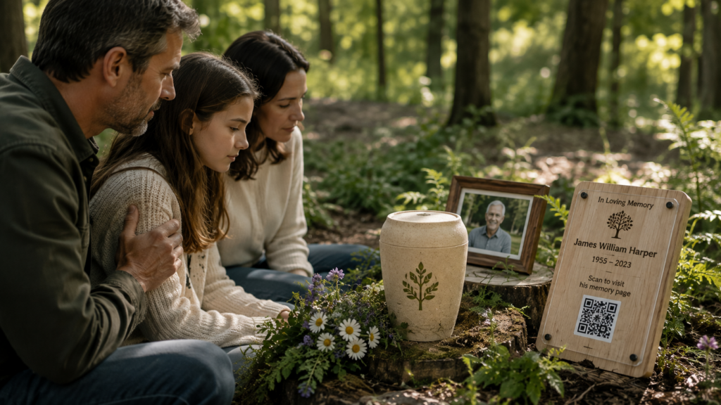 Family visiting eco-friendly memorial site with digital and biodegradable remembrance options