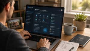 Person using AI digital estate planning platform to organize online accounts and personal data