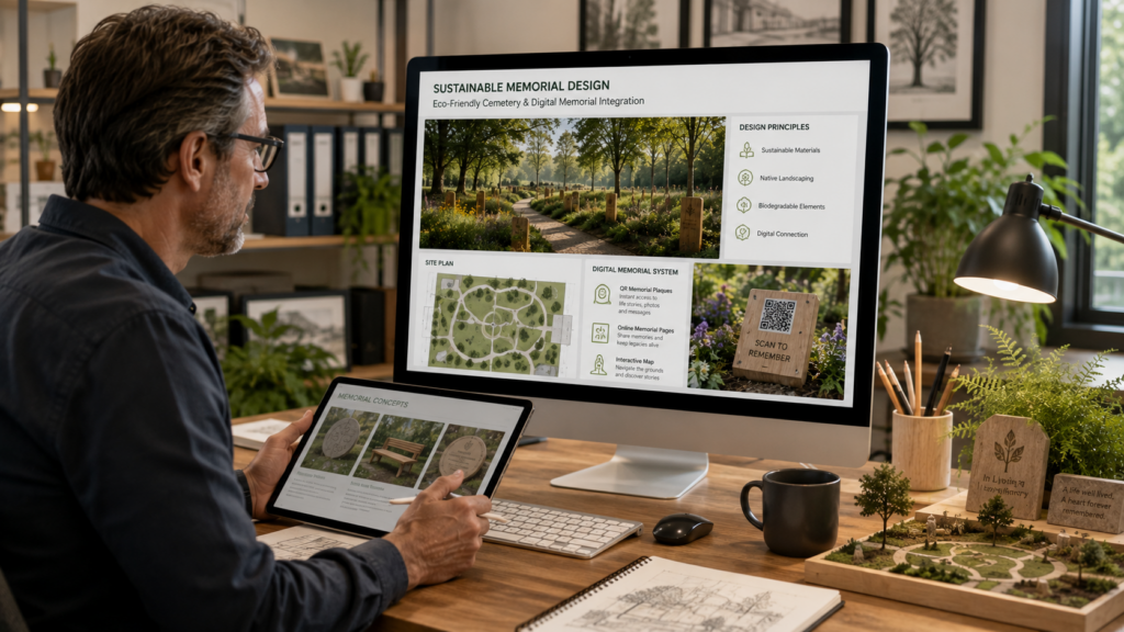 Professionals designing sustainable deathcare technology and digital memorial systems