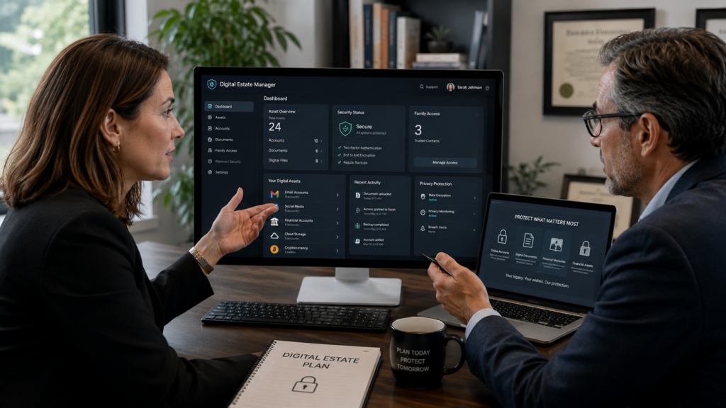 Professionals reviewing AI digital estate planning system for online asset management