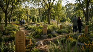 Sustainable green cemetery with biodegradable memorial technology and natural burial spaces