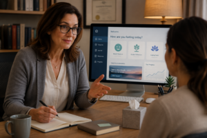Therapist using AI technology to support grief counseling session