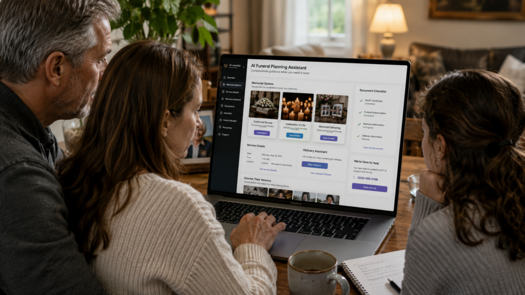 AI funeral assistant dashboard organizing obituary memorial and service planning tasks