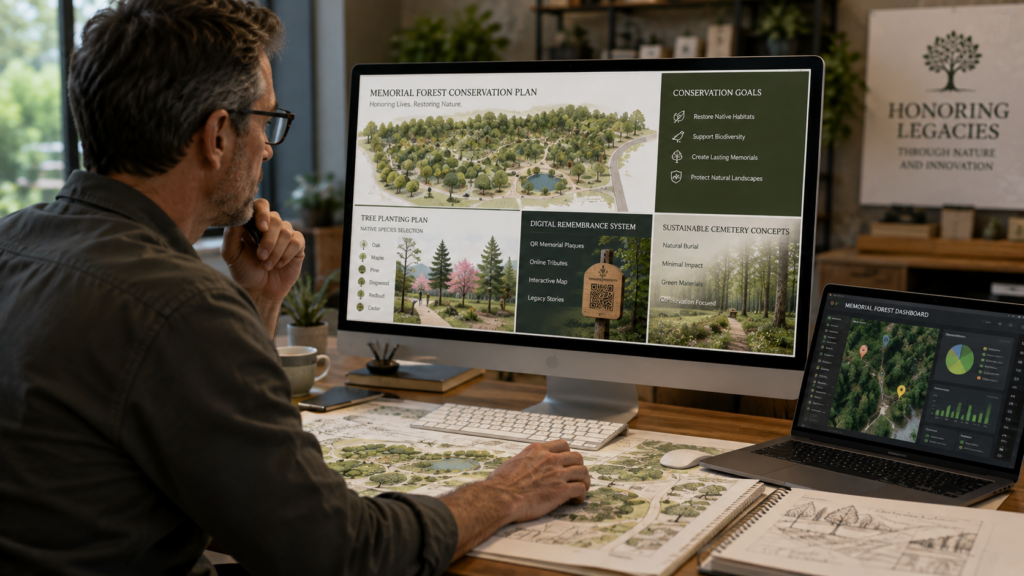Designer creating sustainable memorial forest plans with digital remembrance technology