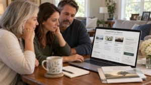 Family comparing funeral prices and service options online in 2026