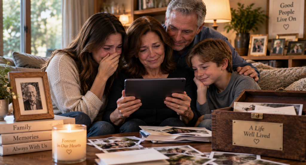 Family opening digital time capsule containing memories and messages from deceased loved one