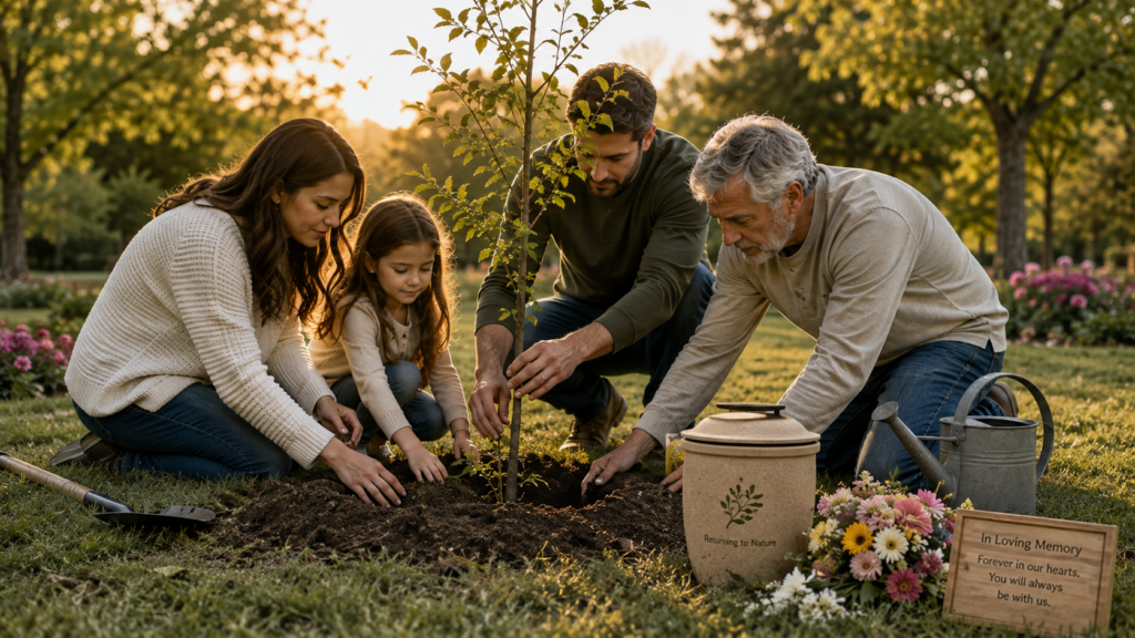 Family planting memorial tree as sustainable tribute for deceased loved one
