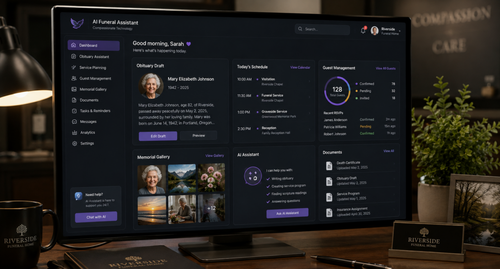 Family using AI funeral planning platform to organize memorial service details