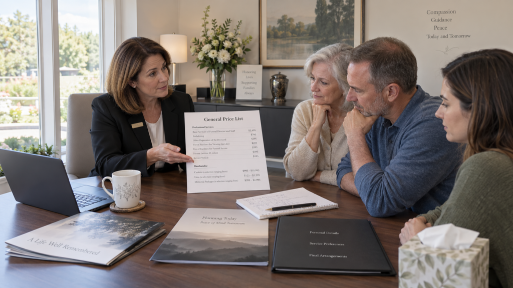Funeral director reviewing itemized General Price List with a family