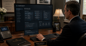 Funeral director using AI funeral assistant technology for digital planning and family support