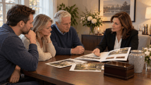 Funeral professional explaining common funeral terms and service options to family
