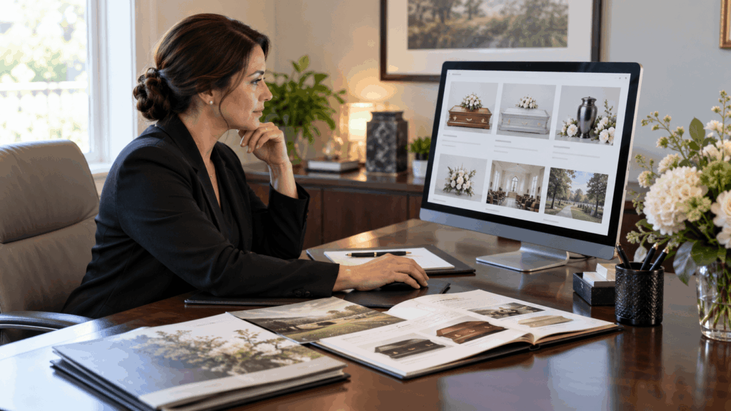 Funeral professional reviewing clear consumer-friendly funeral service descriptions