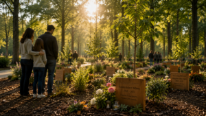 Memorial forest with trees planted in honor of deceased loved ones and sustainable remembrance