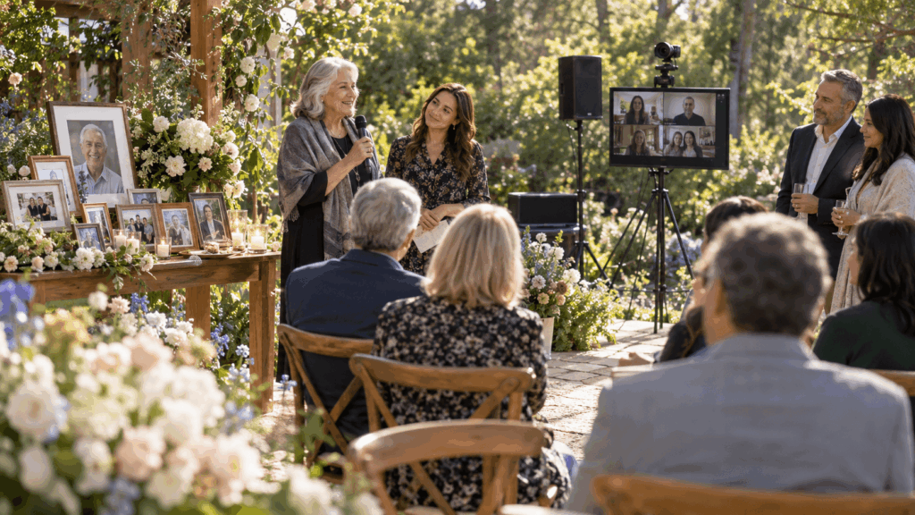 Outdoor celebration of life with memory table and livestream for distant family