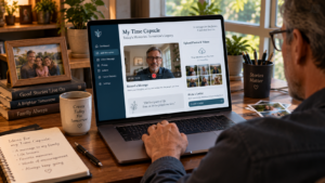 Person creating digital time capsule with messages and memories for future generations