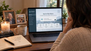 Person using AI grief companion application after losing a loved one at home