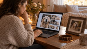 Family creating a meaningful pet loss memorial with photos and keepsakes