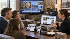 Family reviewing digital obituary distribution across local media platforms