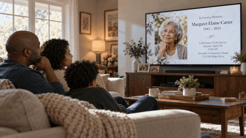 Local television broadcasting a digital obituary and memorial announcement