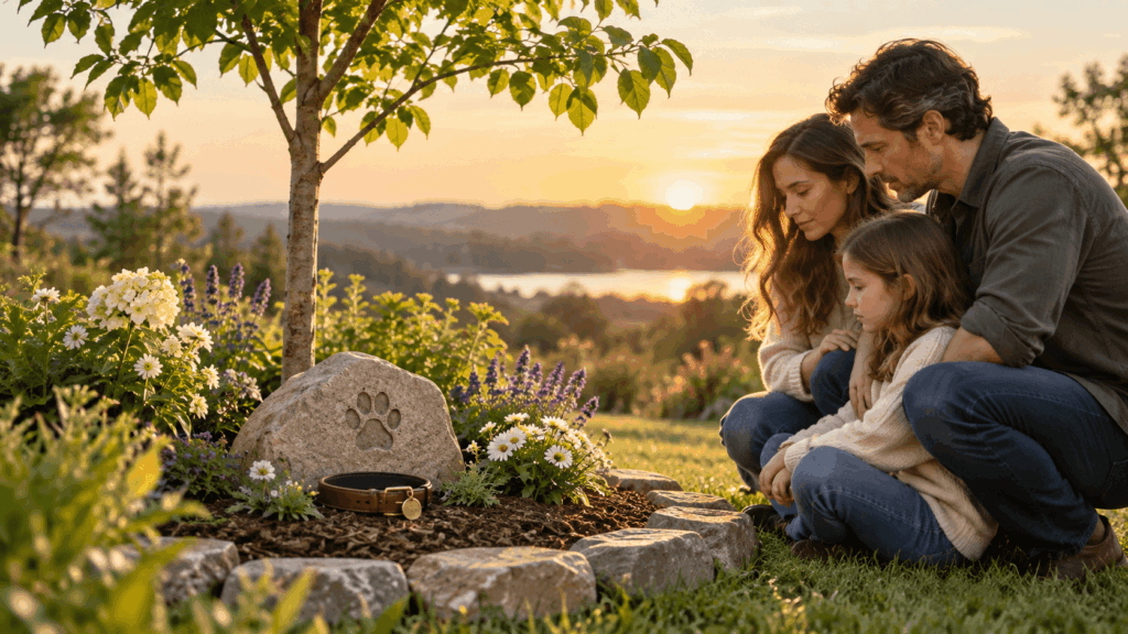 Pet memorial garden with tree flowers and remembrance marker