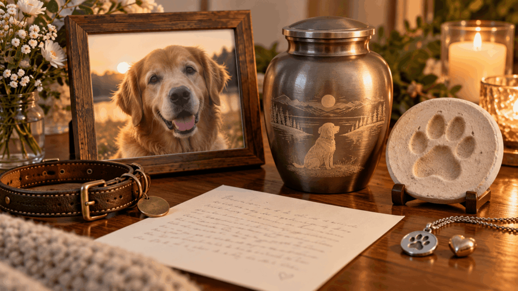 Pet memorial keepsakes including urn paw print photo and remembrance jewelry